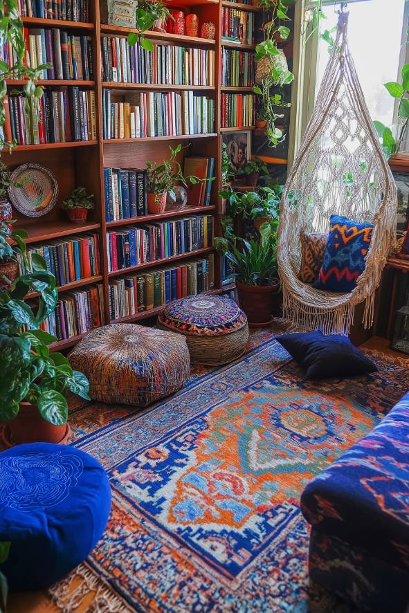 Eclectic Attic Library with Bold Art