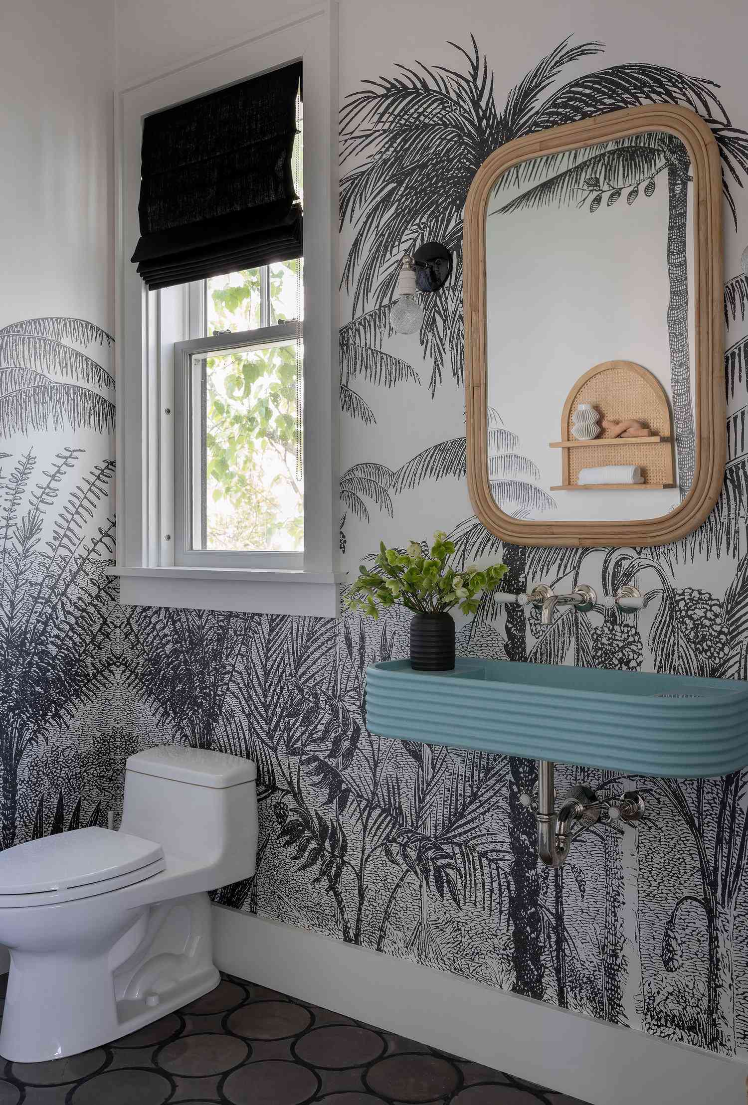 Modern Bathroom with Dual Black-Framed Round Mirrors