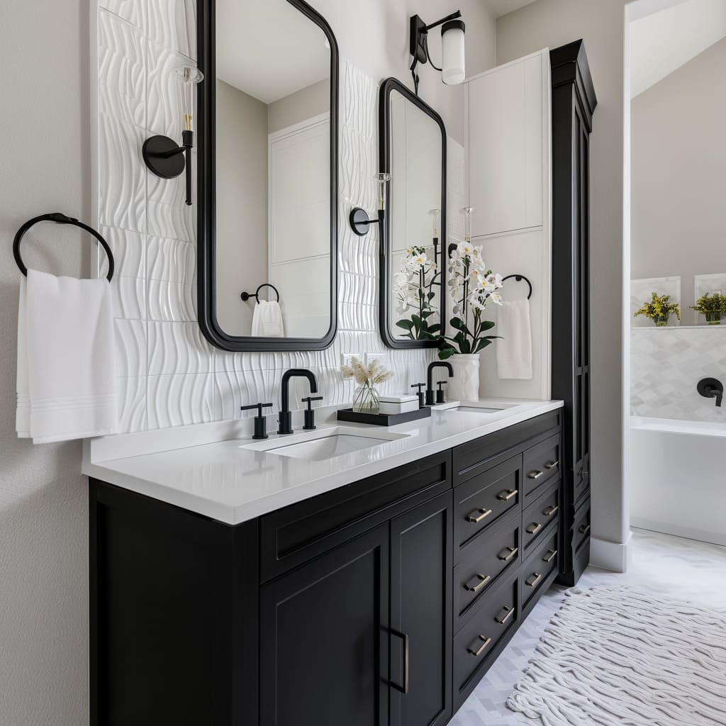 Minimalist Master Bathroom with a Shadowy Vanity and Soft Lighting