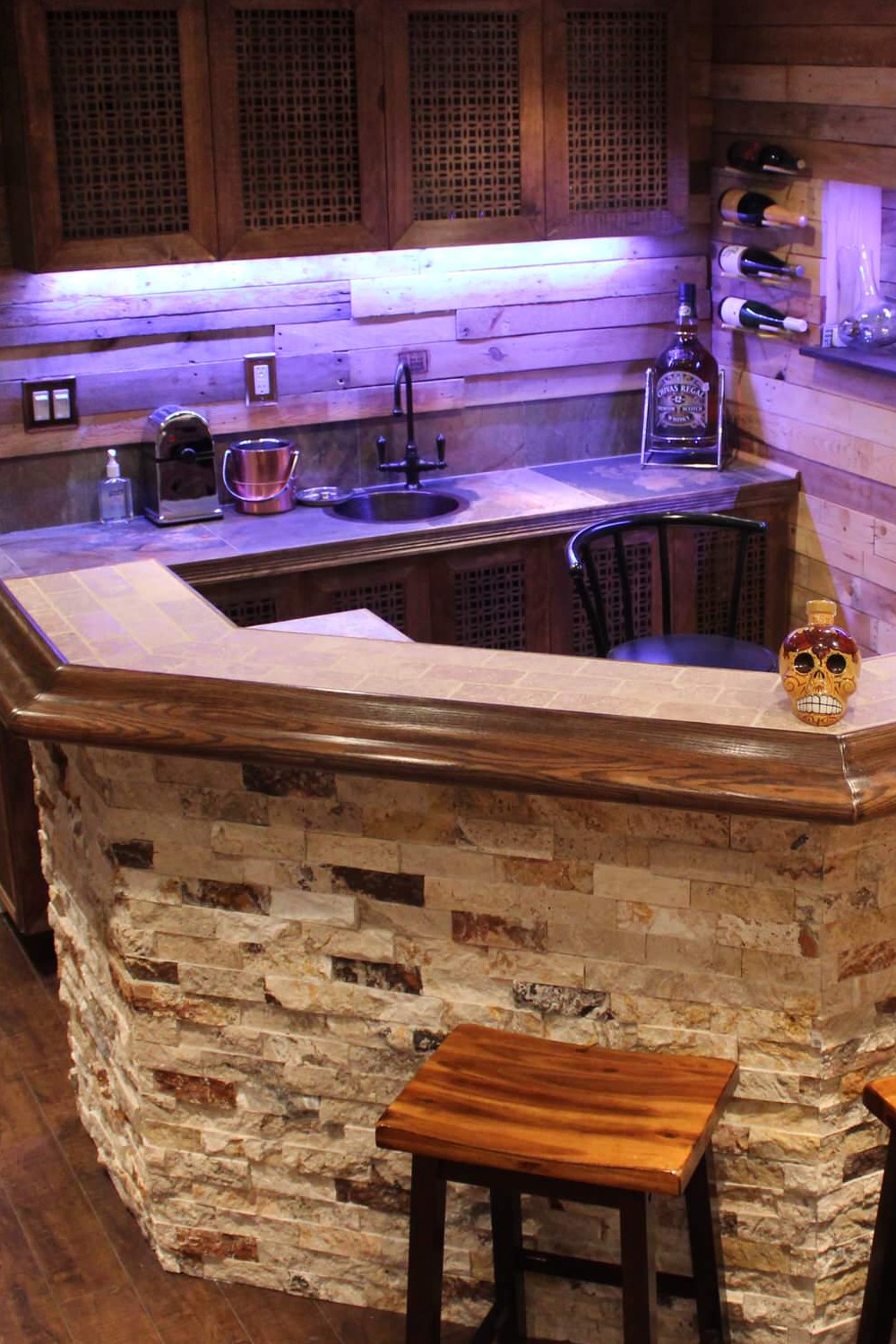 Modern Basement Bar with Quartz Countertop and Metal Fixtures