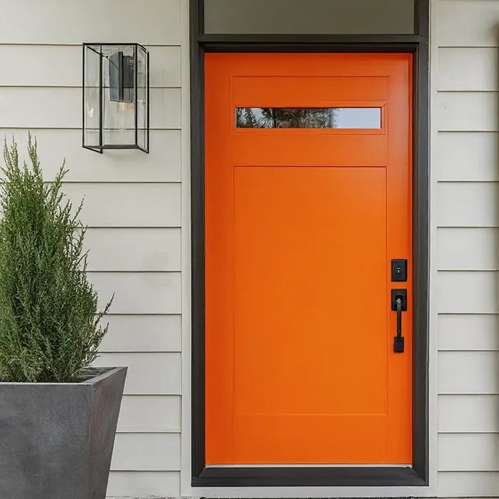 Bright Orange Front Door with Black and White Accents