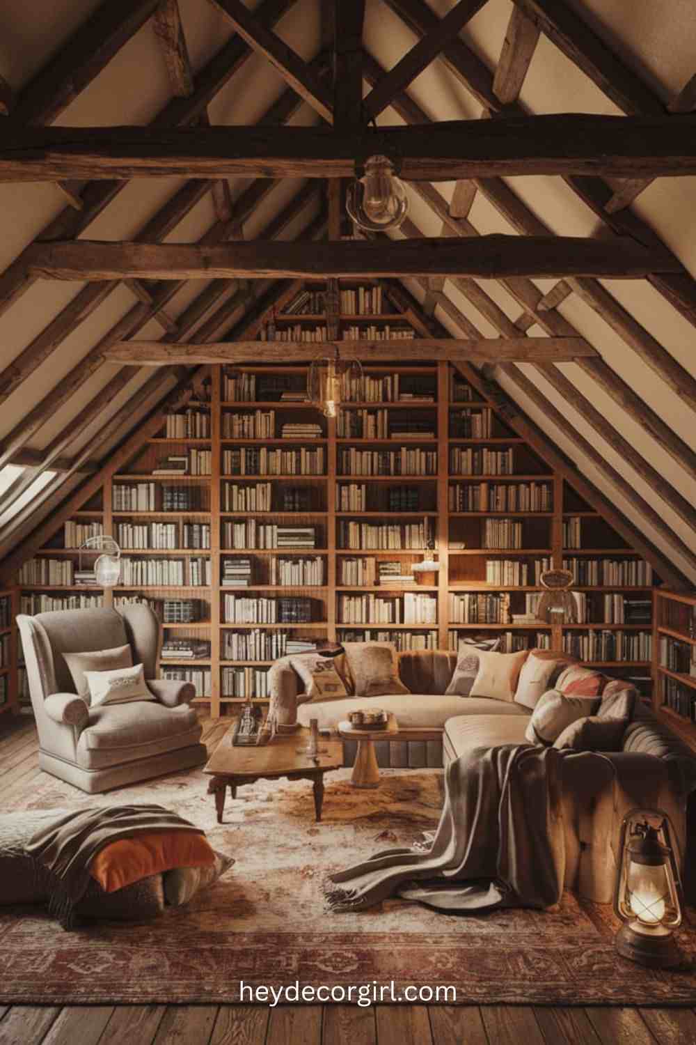 Rustic Attic Library with Exposed Beams