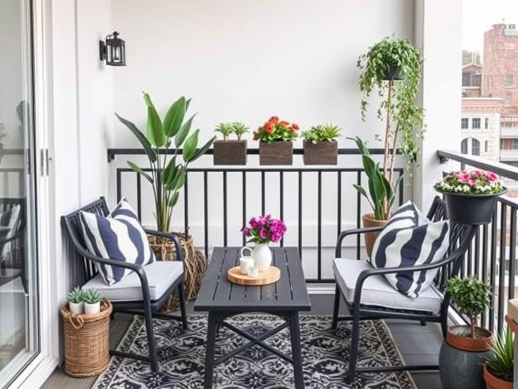 Vibrant Boho Balcony with Patterned Tiles and Cozy Seating