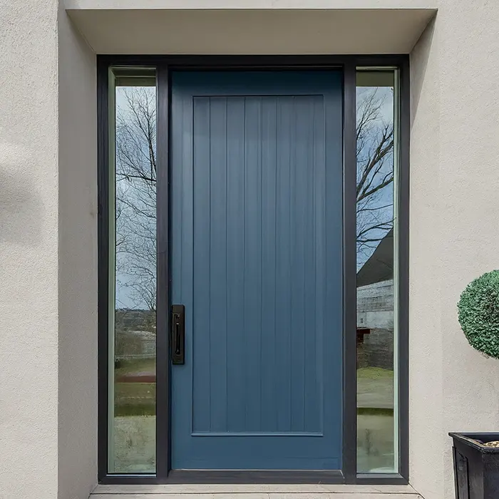Slate Blue Front Door Framed with White Trim