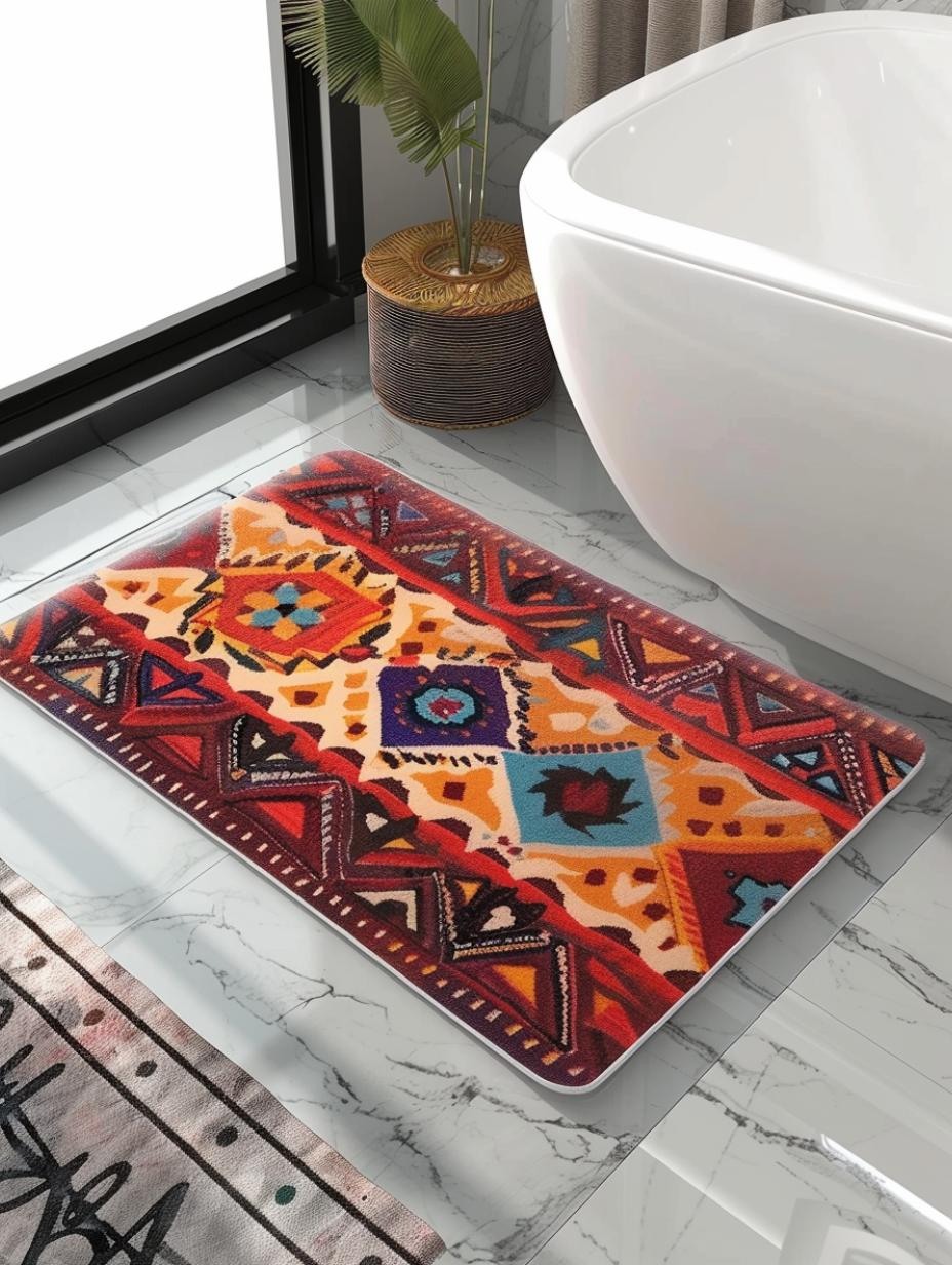 Small Boho Bath Rug with Neutral Tones