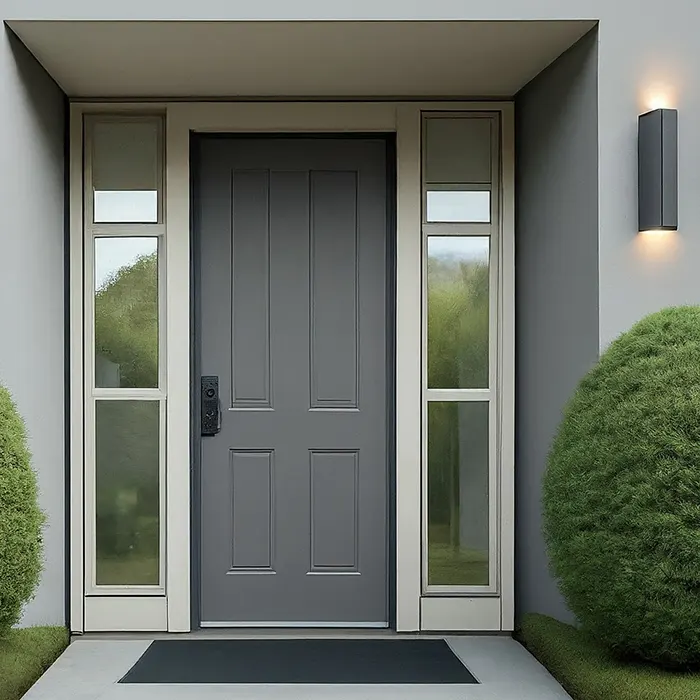 Subtle Gray Front Door Framed with Crisp White Trim