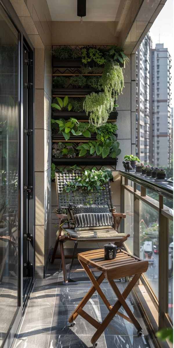 Compact Balcony Design with Layered Plants and Minimalist Furniture