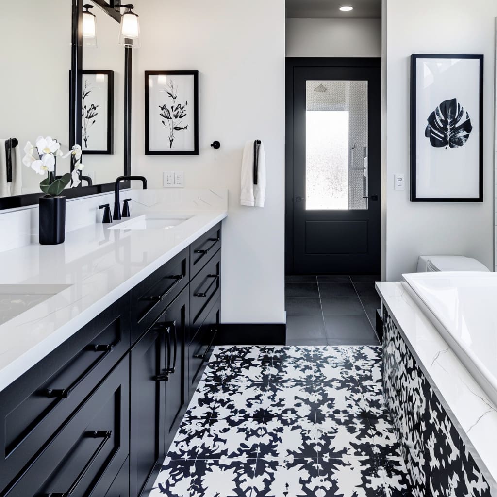 This Charcoal and White Lavatory Featuring Dual Sinks and Geometric Tile Backsplash