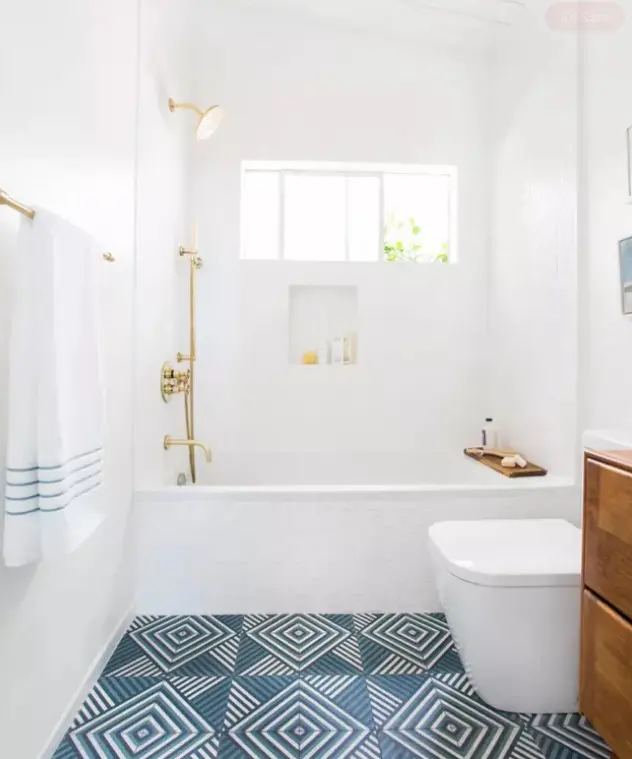 Beachy Bathroom with Geometric Tile Flooring