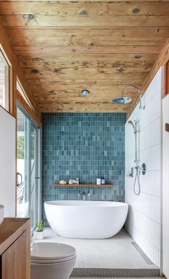Coastal Bathroom with Wooden Ceiling and Blue Tiles