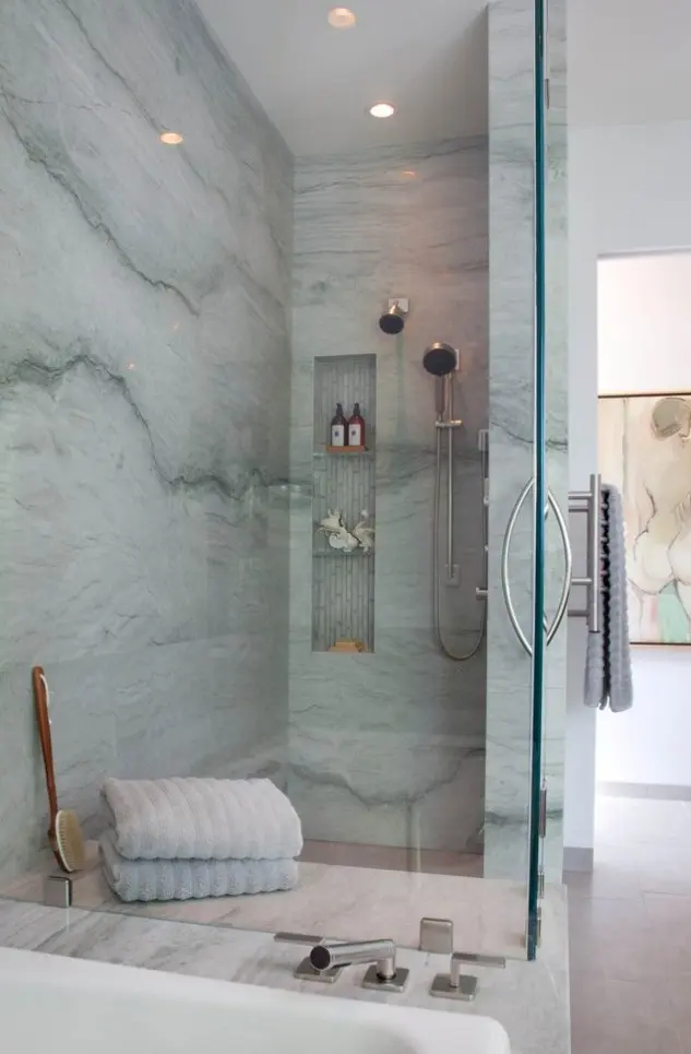Blue Stone Shower with Wood and Blue Accents