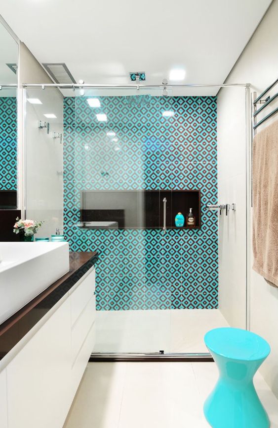 Modern Bathroom with Bold Turquoise and Brown Tiles Combo
