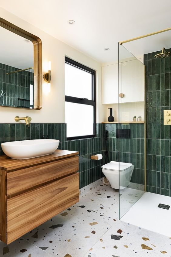 Dark Green Tiled Bathroom with Modern Accents