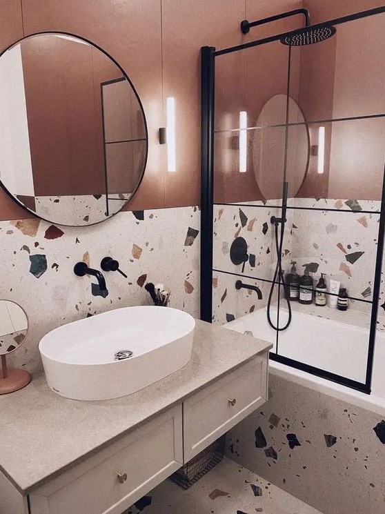 Bathroom with Rust Walls and Bold Terrazzo
