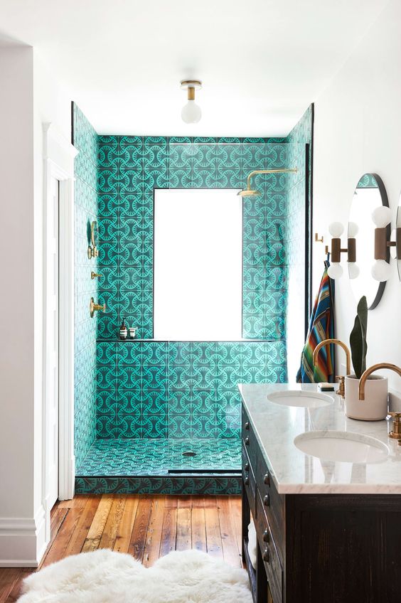 Modern Bathroom with Turquoise Shower Tiles and Wooden Floor