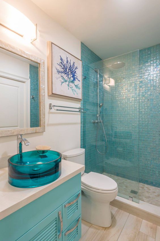Coastal Turquoise Bathroom with White Walls and Blue Accents