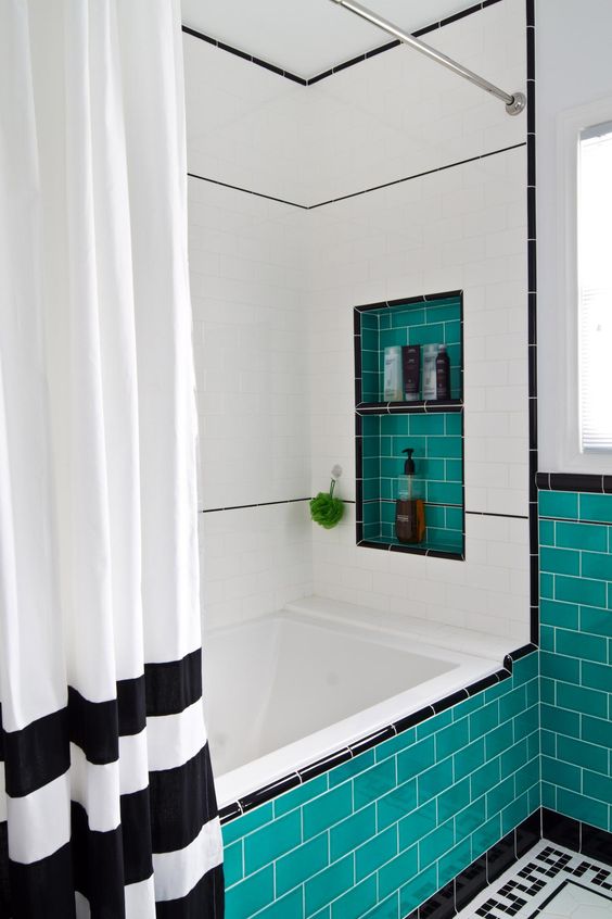 Graphic Bathroom with Black, White, and Turquoise Tiles