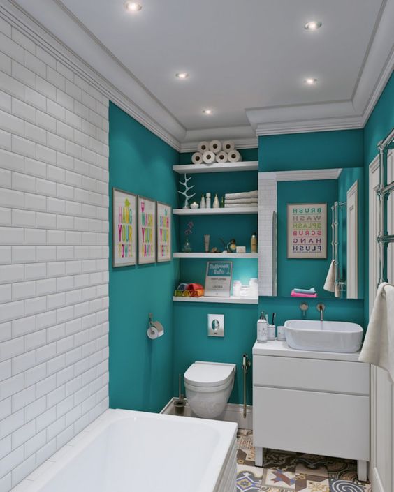 Modern Bathroom with Turquoise Walls and White Subway Tiles