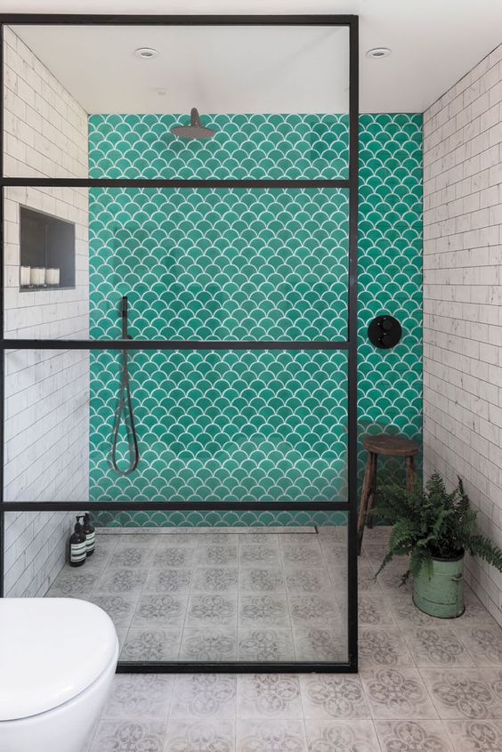 Neutral Bathroom with Turquoise Fish Scale Tiles and Black Accents