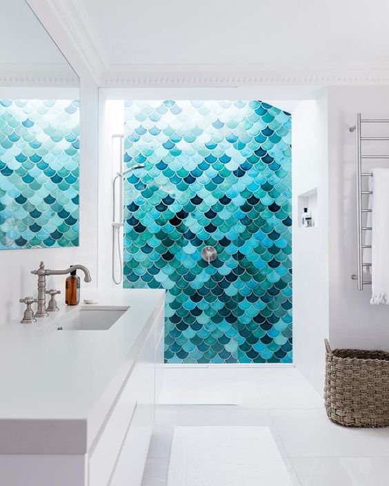 Minimalist Bathroom with Turquoise and Emerald Shower Accent Wall