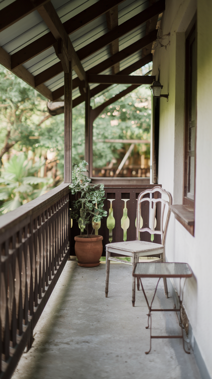 Rustic Balcony Design with Wooden Benches and Lanterns