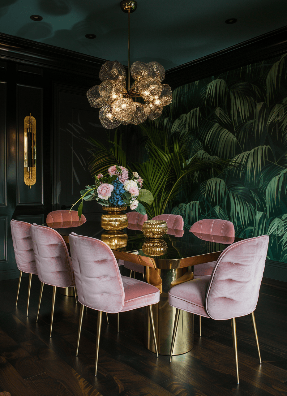 Elegant Art Deco Dining Room with Metallic and Velvet Accents