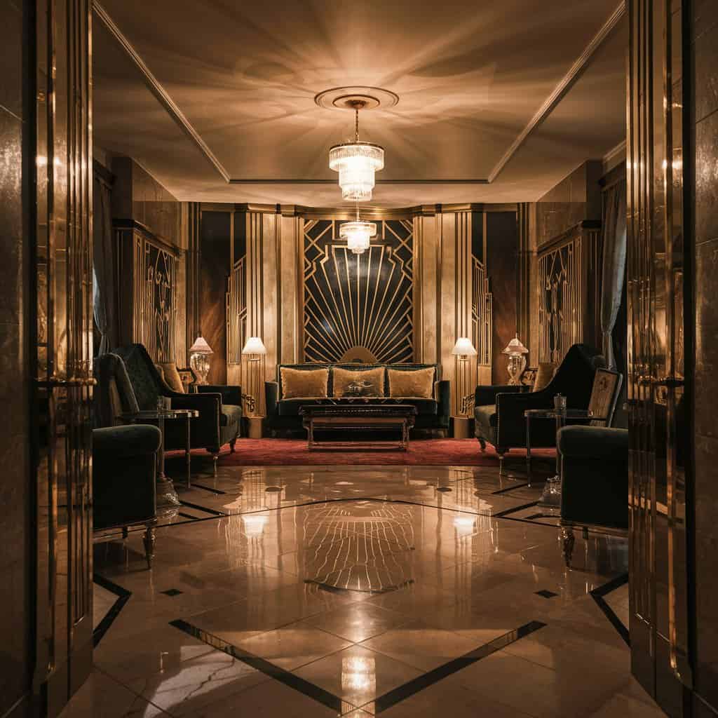 Striking Art Deco Entryway with Geometric Patterns and Gold Details