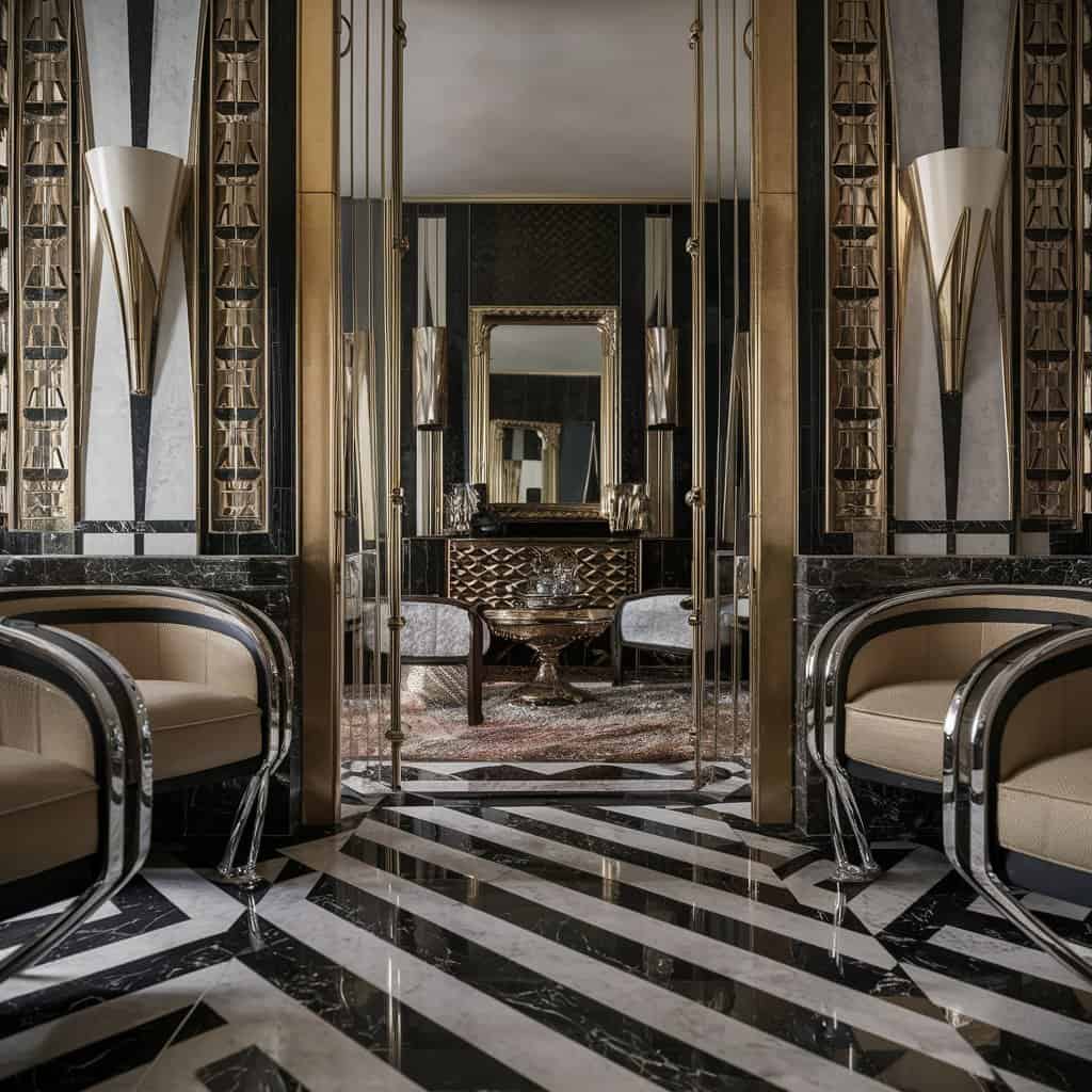 Art Deco Home Office with Metallic Accents and Glass Wall
