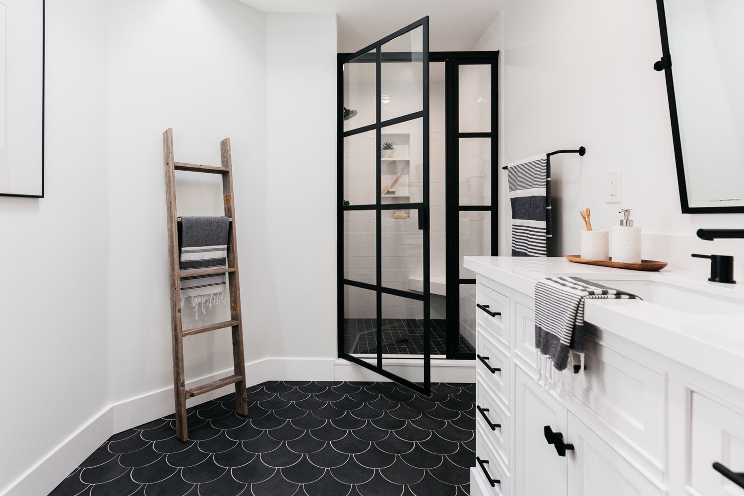 Minimalistic Black and White Bathroom with Floating Vanity