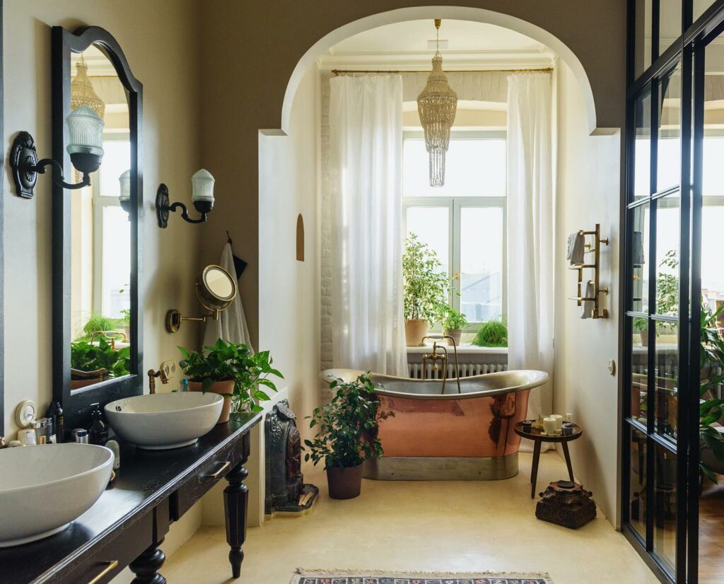 Boho-Chic Bathroom with Freestanding Tub