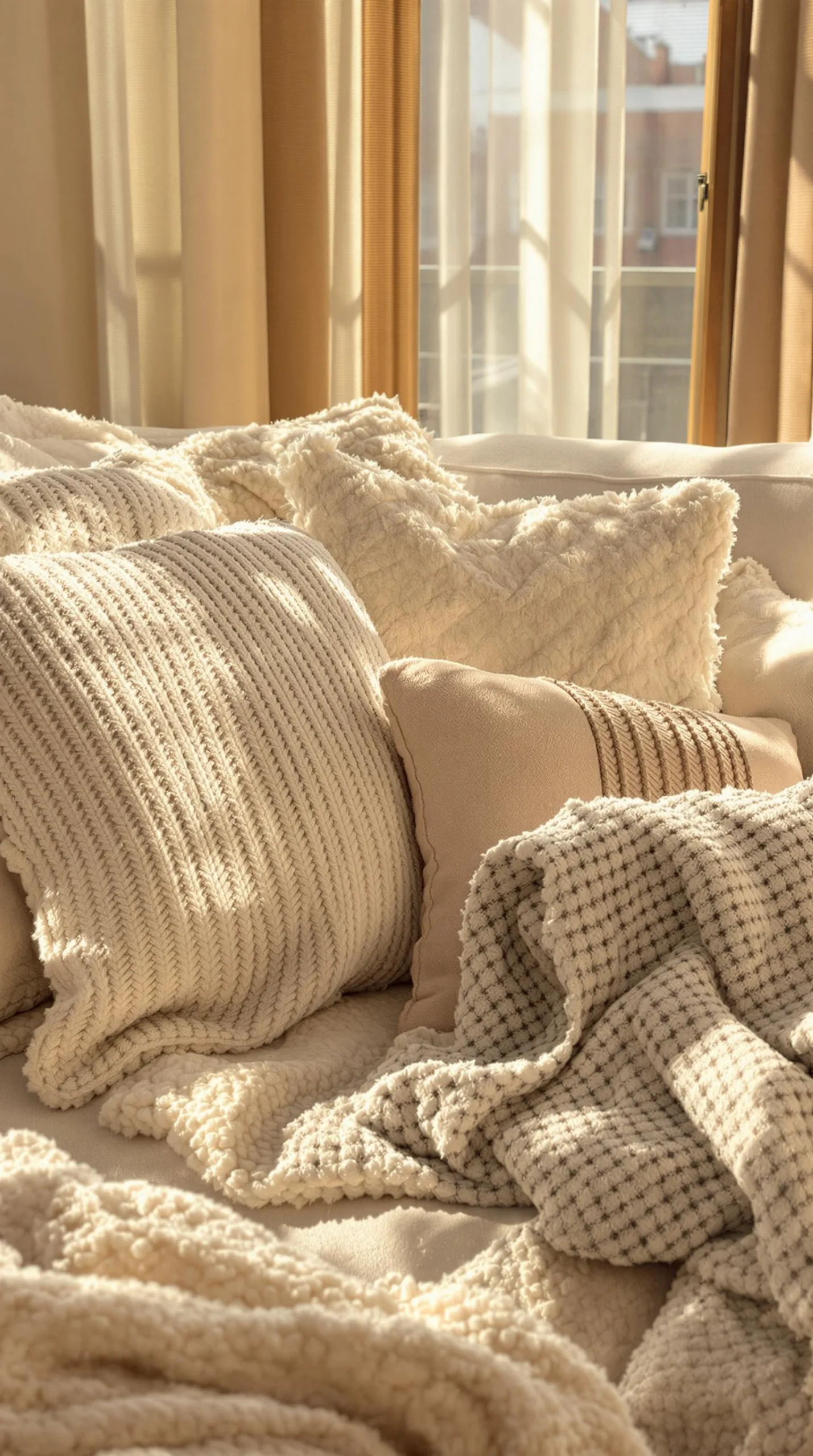 Living Room with Cozy Textiles and Neutral Hues
