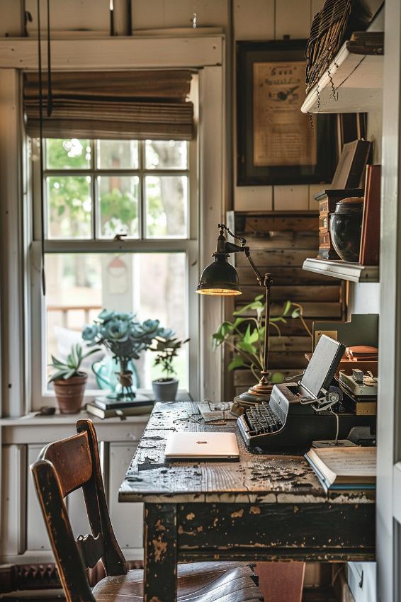 Rustic Farmhouse Library with Ladder Access