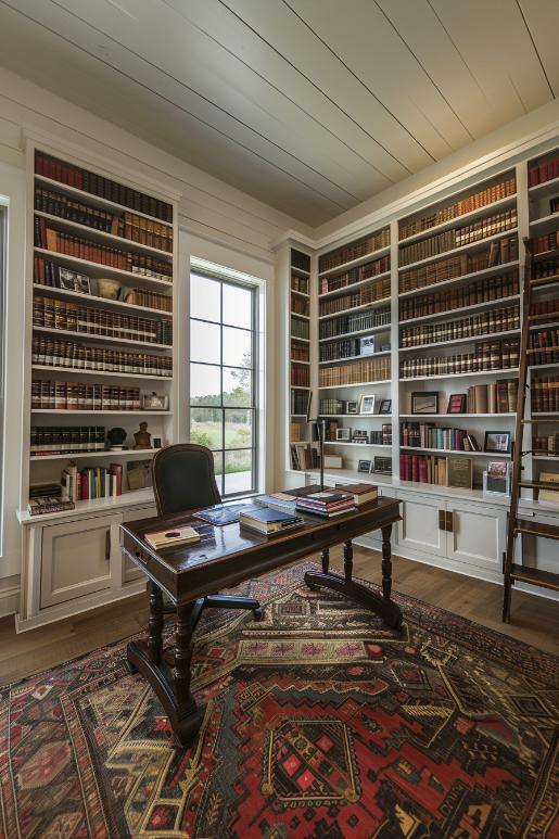 Rustic Farmhouse Library with Exposed Brick Wall