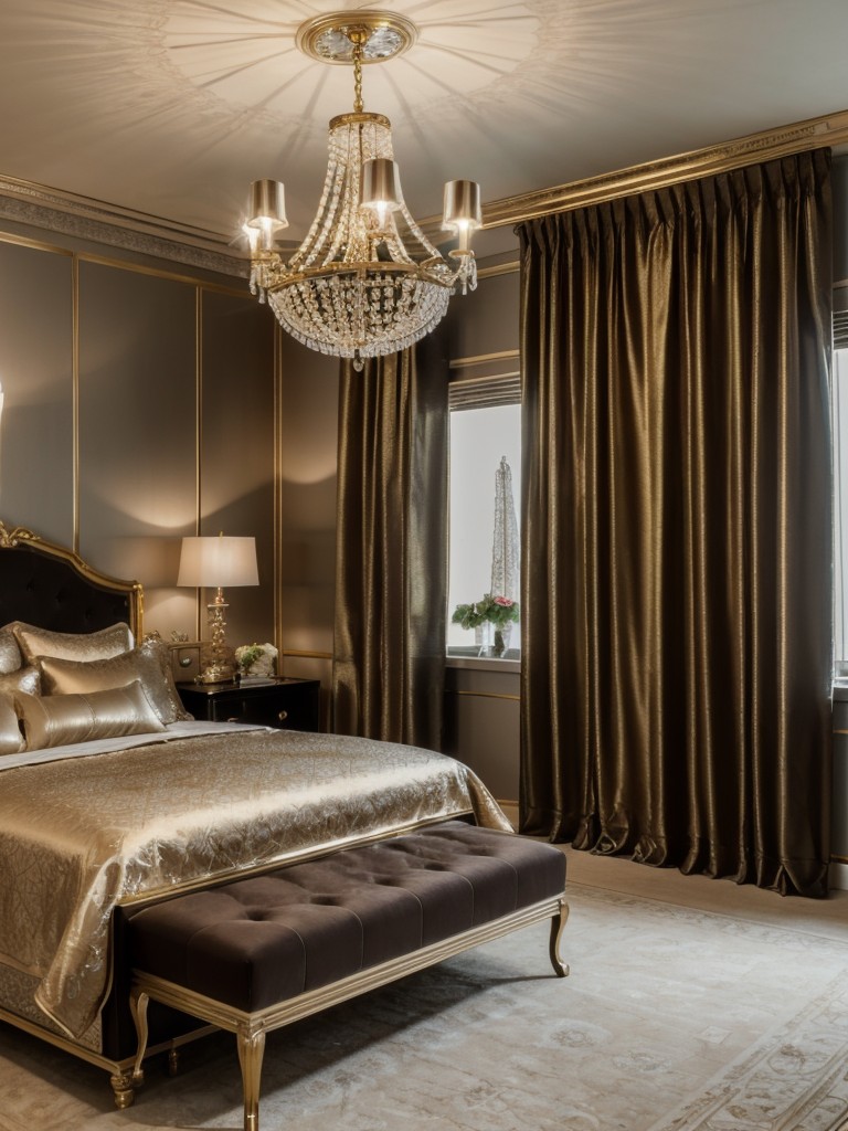 Glamorous Bedroom with Metallic Touches and Dramatic Lighting