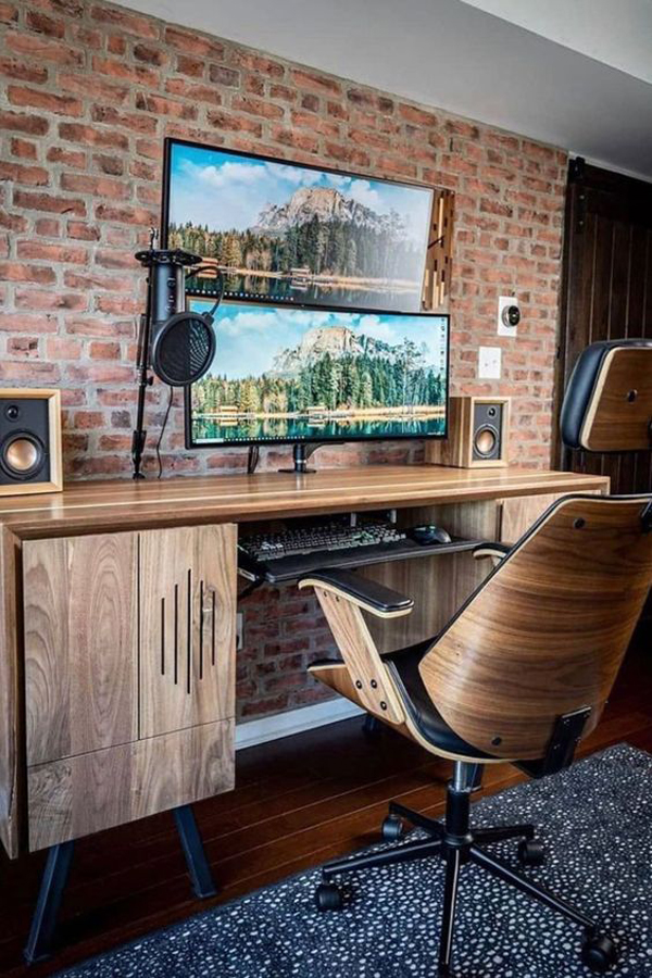 Industrial-Style Gaming Desk with Brick Wall Accent