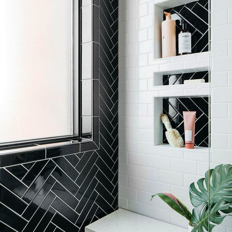 Contemporary Bathroom with a Checkered Floor and Matte Black Vanity