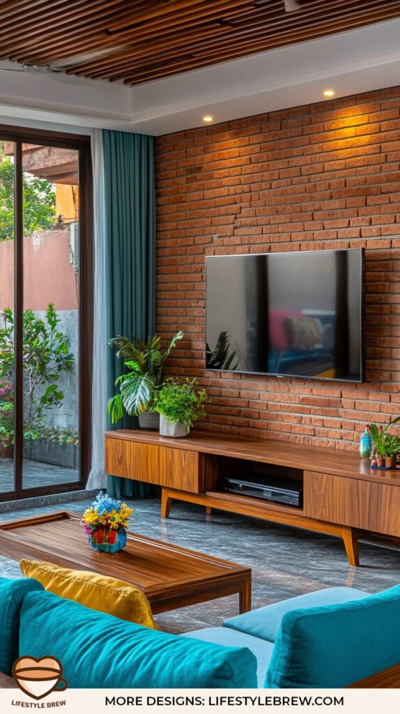 Living Room TV Wall Ideas - Walnut and Marble Combination