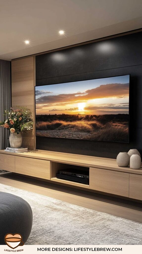 Open and Airy – Neutral TV Wall with Floating Shelves
