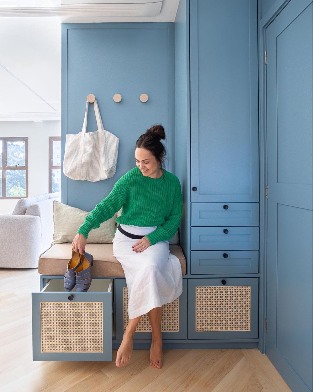 Organized Vertical Shoe Storage with Neutral Accents