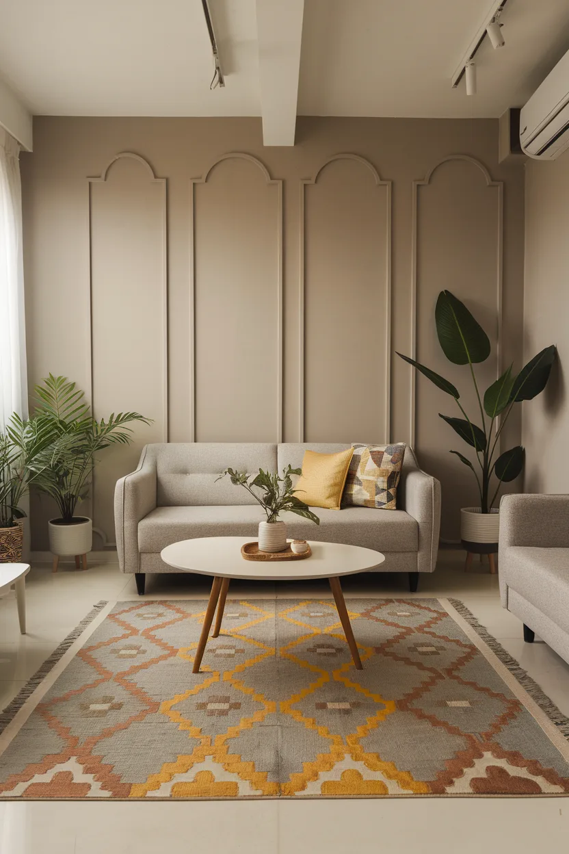 Neutral Living Room With Large Area Rug for Cohesion